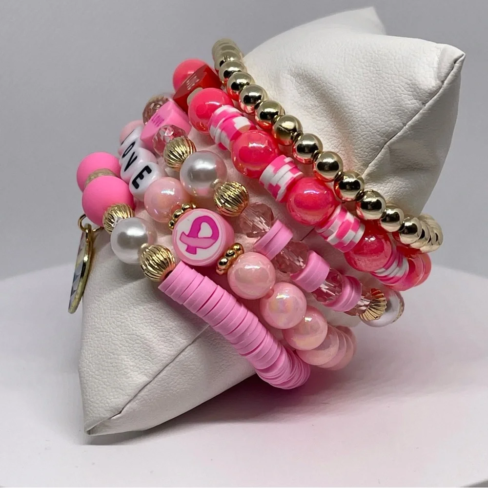 NWT! Fashion Jewelry 5 pink and gold beaded stackable stretch bracelets